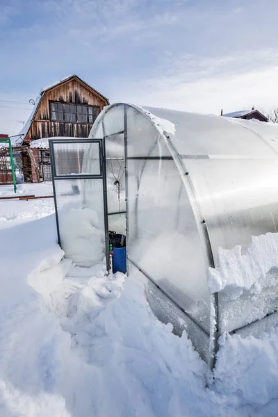 Sneeuwruimen Van Broeikasgassen Polycarbonaat Het Land Antwerp Novosibirsk Regio West — Stockfoto