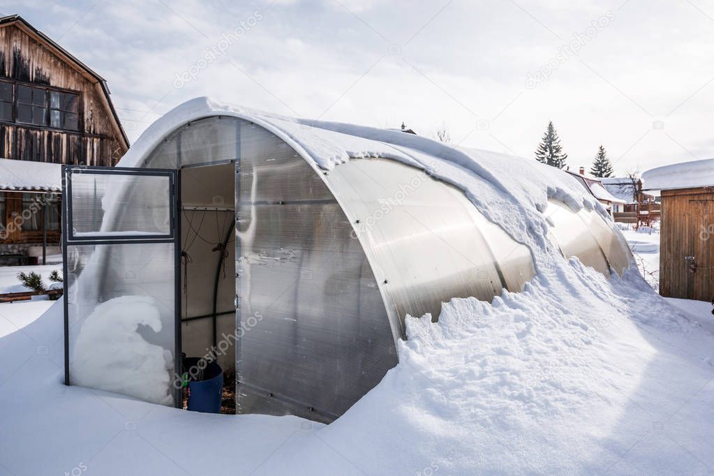 Snow-swept greenhouse made of polycarbonate in the country. Berdsk, Novosibirsk region, Western Siberia, Russia