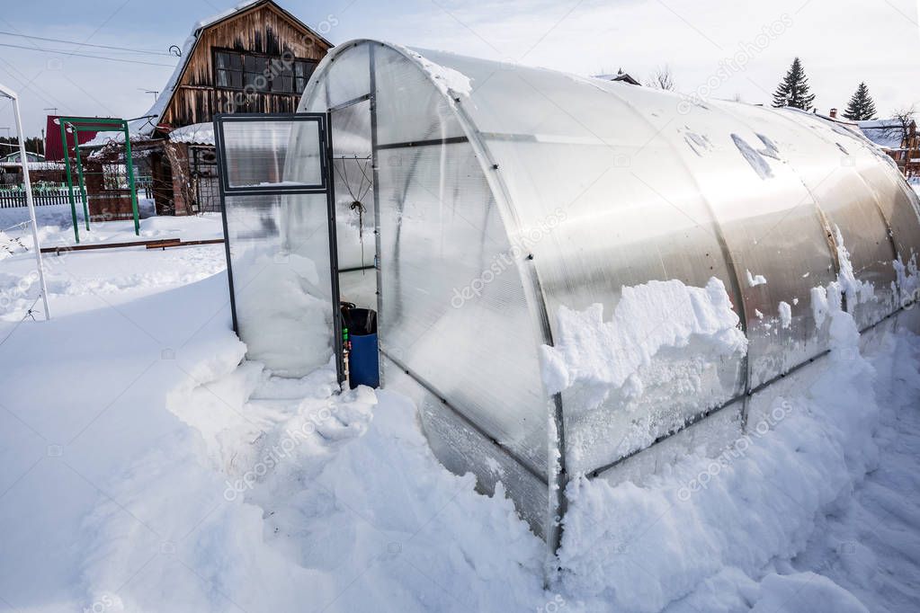 Snow removal from the greenhouse polycarbonate in the country. Berdsk, Novosibirsk region, Western Siberia, Russia