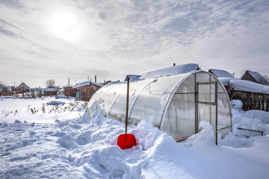 Snow removal from polycarbonate greenhouse in winter. Berdsk, Novosibirsk region, Western Siberia, Russia