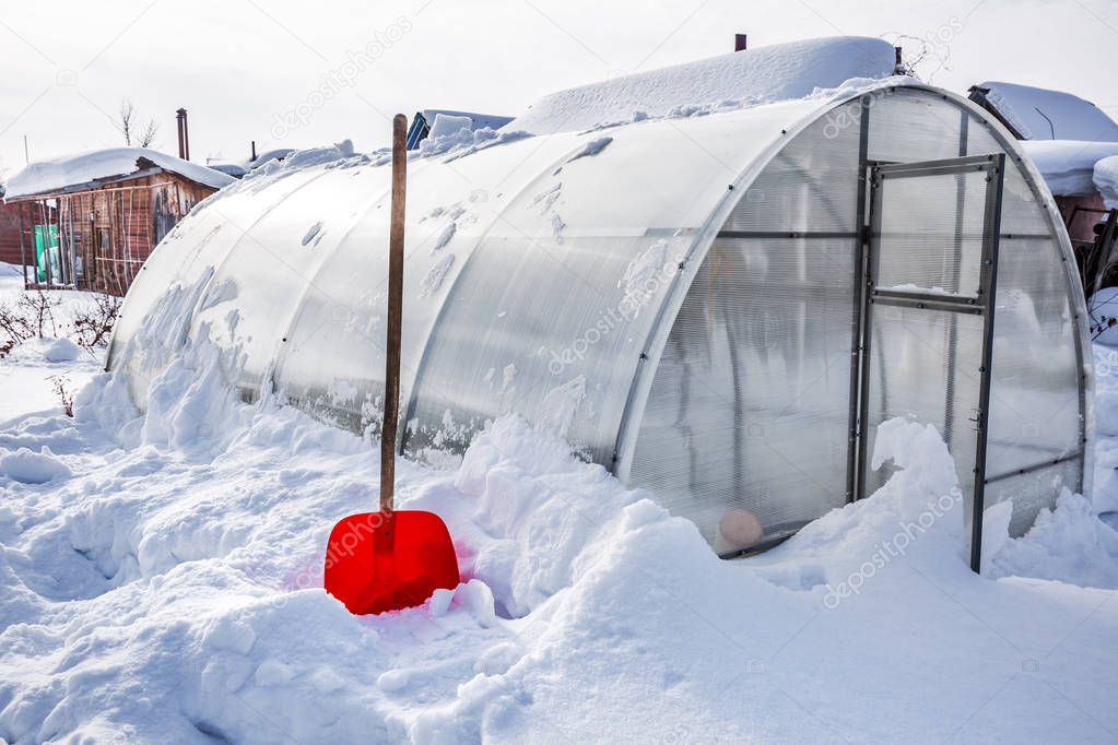 Snow removal from polycarbonate greenhouse in winter. Berdsk, Novosibirsk region, Western Siberia, Russia