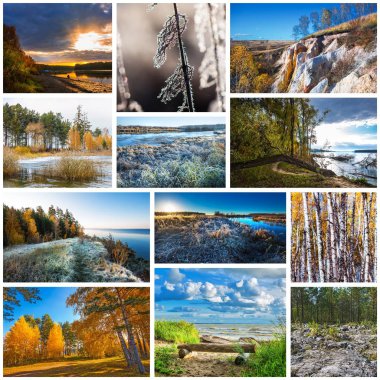 Sonbahar mevsiminin doğa fotoğrafları kolajı. Novosibirsk region, Batı Sibirya, Rusya Federasyonu