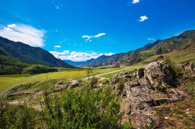 Dağların ve yolun manzarası. Gorny Altai, Rusya Federasyonu