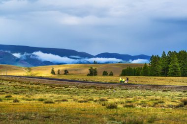 Kurai bozkır 'dan geçiyor. Gorny Altai, Kosh-Agachsky bölgesi, Güney Sibirya, Rusya
