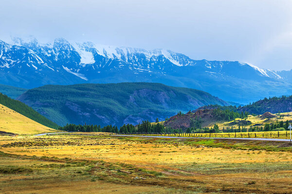 View of the North-Chui snow-covered mountain range from the hilly kurai steppe in summer. Gorny Altai, Kosh-Agachsky district, South Siberia, Russia