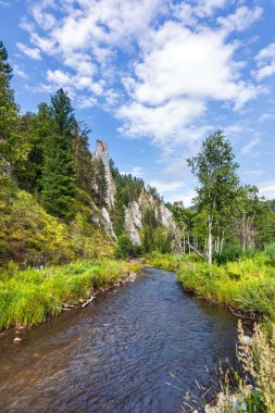Kuyum Nehri'ndeki beyaz kayalıklar. Gorny Altay, Sibirya, Russi