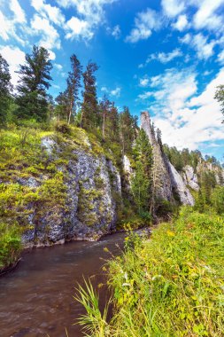 Kuyum Nehri'ndeki beyaz kayalıklar. Gorny Altay, Sibirya, Russi
