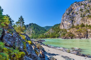 Dağlar ve nehir ile manzara. Gorny Altay, Sibirya, Rusya Federasyonu