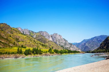 Dağlar ve nehir ile manzara. Gorny Altay, Sibirya, Rusya Federasyonu