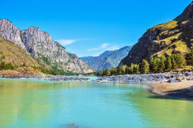 Dağlar ve nehir ile manzara. Gorny Altay, Sibirya, Rusya Federasyonu