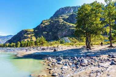 Dağlar ve nehir ile manzara. Gorny Altay, Sibirya, Rusya Federasyonu