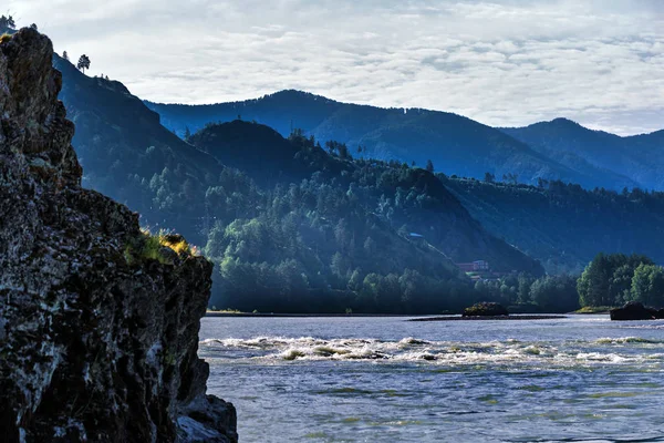 Nyári táj Katun folyót. Chemal, Gorny Altaj, Szibéria, — Stock Fotó