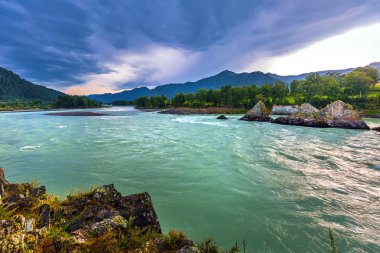 Nehirdeki keskin kayalar. Elekmonar, Gorny Altay, Sibirya, Rusya Federasyonu