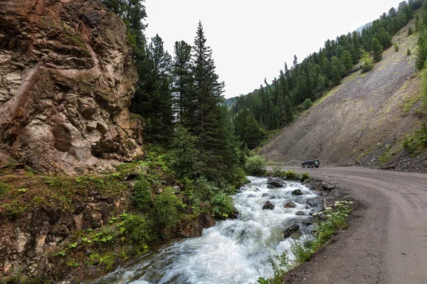 Montanha Rio Chibitka Cercado Por Floresta Coníferas Montanhas Rússia Sul — Fotografia de Stock