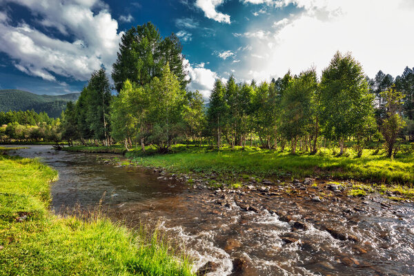 The Ursul river flows next to the Chuiskiy tract near the village of Tuekta. Ongudaysky district, Altai Republic, southern Siberia, Russia