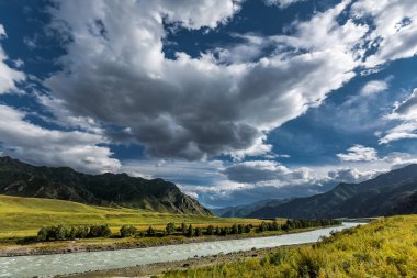 Oroktoysky Köprüsü 'nün bulunduğu yerdeki Katun Nehri manzarası. Chemalsky bölgesi, Altai Cumhuriyeti, Güney Sibirya, Rusya