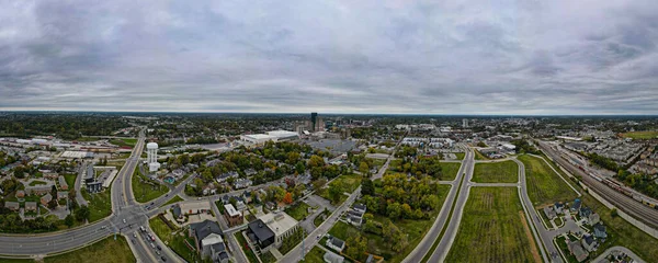 Aerial panorama of the transportation hub near downtown Lexington, Kentucky with distant view of the city business district