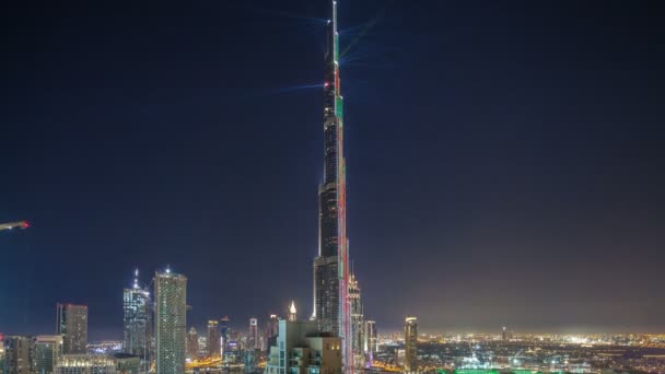 Paysage urbain de Dubaï avec Burj Khalifa, LightUp light show aerial timelapse — Video