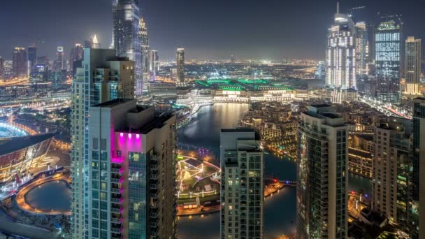 Dubai centrum nacht luchtfoto timelapse — Stockvideo