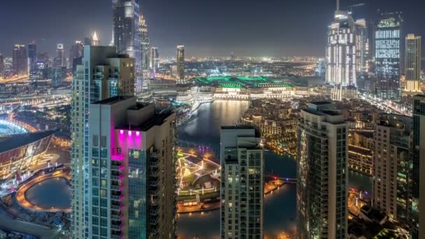 Dubai céntrica noche timelapse aéreo — Vídeos de Stock