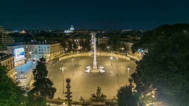 Büyük Kent Meydanı, Piazza del Popolo gece timelapse Roma ışıkları ve ışıklı tarihi binalar ile havadan görünümü