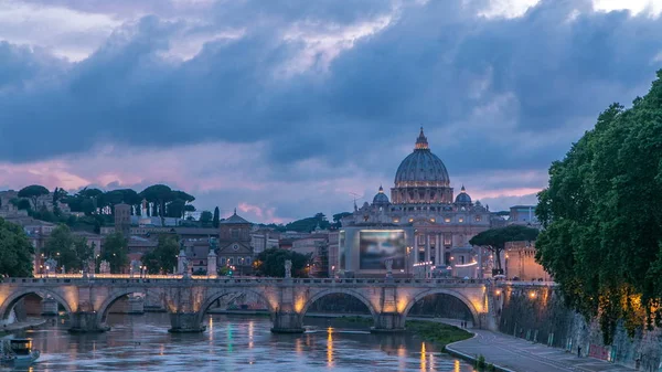 Roma Italia Peter Basilica Angelo Bridge Tiber River Etter Solnedgang – stockfoto