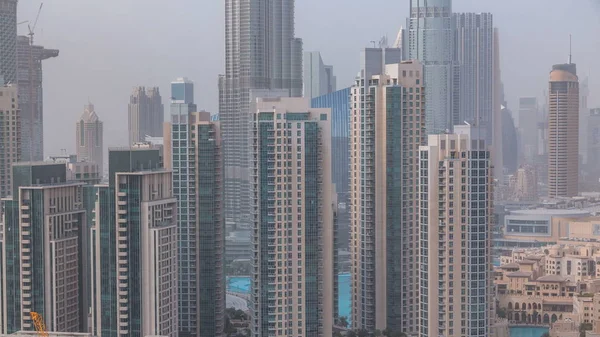 Downtown Dubai Városára Recidential Tornyok Timelapse Tetőtéri Kilátást Szökőkút Háttér — Stock Fotó