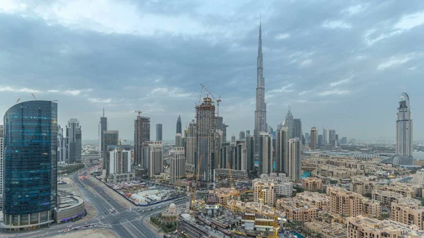 Dobay Downtown Den Noční Přechod Timelapse Letecký Pohled Velké Futuristické — Stock fotografie