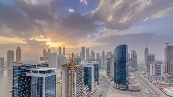 Dubai Bay Бізнес Вежі Sunset Повітряних Timelapse Даху Перегляд Деяких — стокове фото