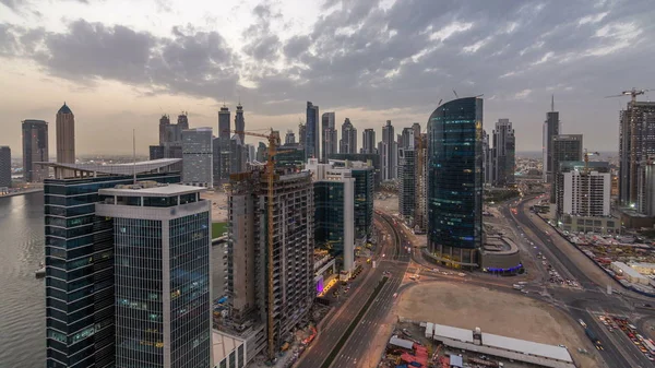 Dubai Business Bay Towers Aerial Day Night Transition Timelapse Rooftop — Stock Photo, Image