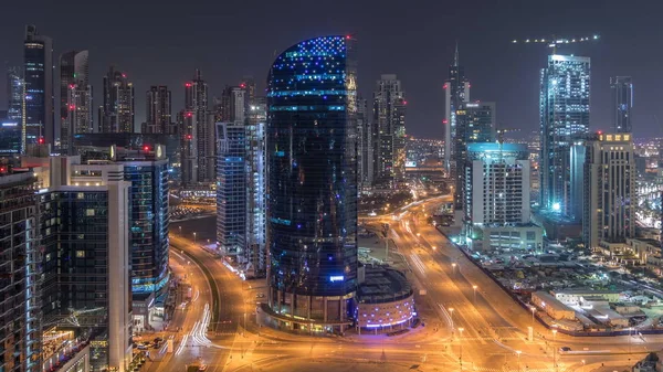 Dubai Business Bay Towers Aerial Night Timelapse Rooftop View Some — Stock Photo, Image