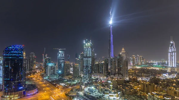 Ντουμπάι Κέντρο Σίτισκεϊπ Burj Khalifa Lightup Φως Δείχνουν Εναέρια Timelapse — Φωτογραφία Αρχείου