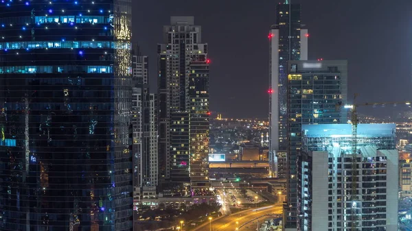Dubaj Biznes Bay Wieże Timelapse Lotu Ptaka Nocy Dachu Widok — Zdjęcie stockowe