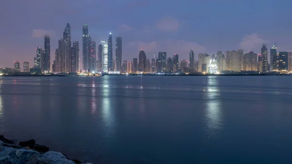 Panorama Modern Skyscrapers Dubai City Night Day Transition Timelapse Palm — Stock Photo, Image