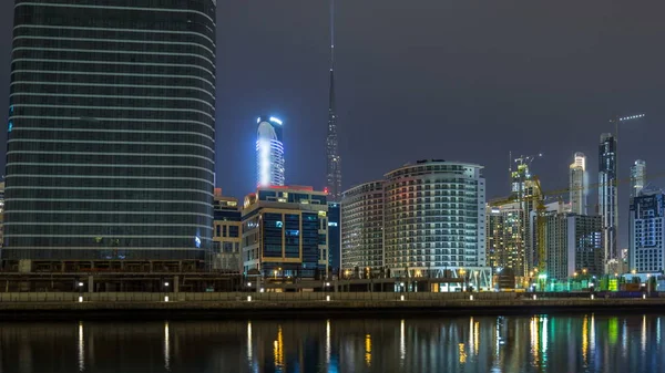 Dubai Torres Baía Negócios Noite Hyperlapse Timelapse Vista Alguns Arranha — Fotografia de Stock