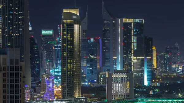 Antenowe Gród Timelapse Nocy Podświetlanym Nowoczesnej Architektury Centrum Miasta Dubai — Zdjęcie stockowe