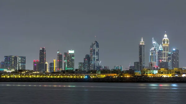 Moderno Horizonte Cidade Dubai Timelapse Noite Com Arranha Céus Iluminados — Fotografia de Stock