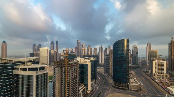Dubai Torres Baía Negócios Início Manhã Timelapse Vista Para Telhado — Fotografia de Stock