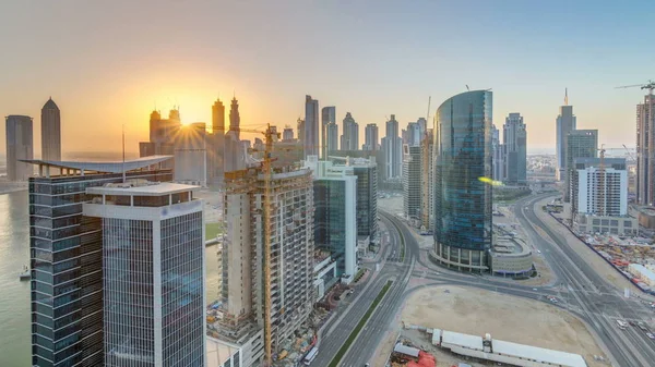 Dubai Üzleti Bay Sunset Légi Timelapse Tornyok Tetőtéri Nézetet Felhőkarcolók — Stock Fotó