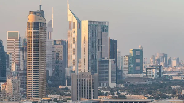 Dobai Innenstadt Bei Sonnenuntergang Zeitraffer Luftaufnahme Über Der Futuristischen Großstadt — Stockfoto