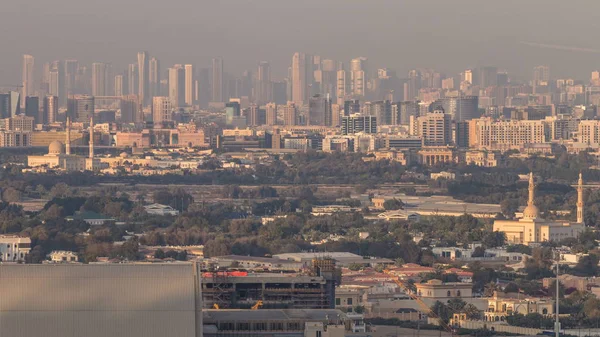 Skyline View Deira Sharjah Kerületek Dubai Timelapse Napnyugtakor Egyesült Arab — Stock Fotó