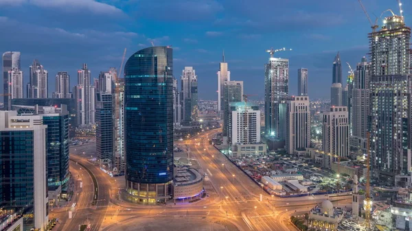 Dobai Downtown Business Bay Noite Dia Transição Timelapse Vista Aérea — Fotografia de Stock