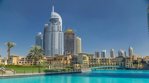 Park Med Fontän Pool Och Bron Timelapse Downtown Dubai Förenade — Stockfoto