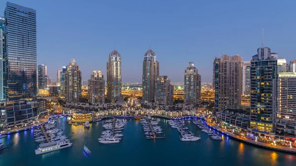Dubai Marina Arranha Céus Aeral Dia Noite Timelapse Transição Porto — Fotografia de Stock