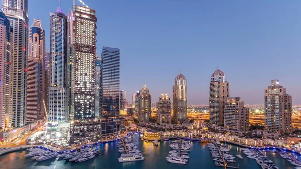 Dubai Marina Arranha Céus Aeral Dia Noite Timelapse Transição Porto — Fotografia de Stock