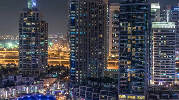 Dubai Marina Nocy Timelapse Błyszczące Światła Najwyższych Wieżowców Oświetlone Wieże — Zdjęcie stockowe