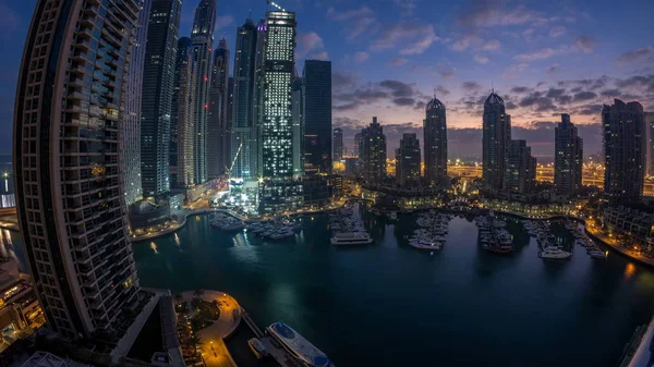Aerial View Modern Skyscrapers Night Day Transition Timelapse Sunrise Dubai — Stock Photo, Image