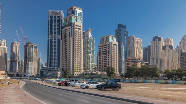 Scenic View Dubai Marina Jbr Skyscrapers Cars Timelapse Skyline View — Stock Photo, Image