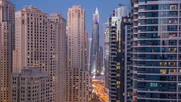 Вечір Освітлення Дубаї Марина Jbr День Ніч Перехід Повітряних Timelapse — стокове фото