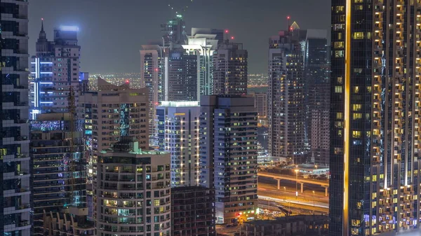 Dubai Marina Och Jumeirah Lakes Towers Natt Timelapse Glittering Ljus — Stockfoto